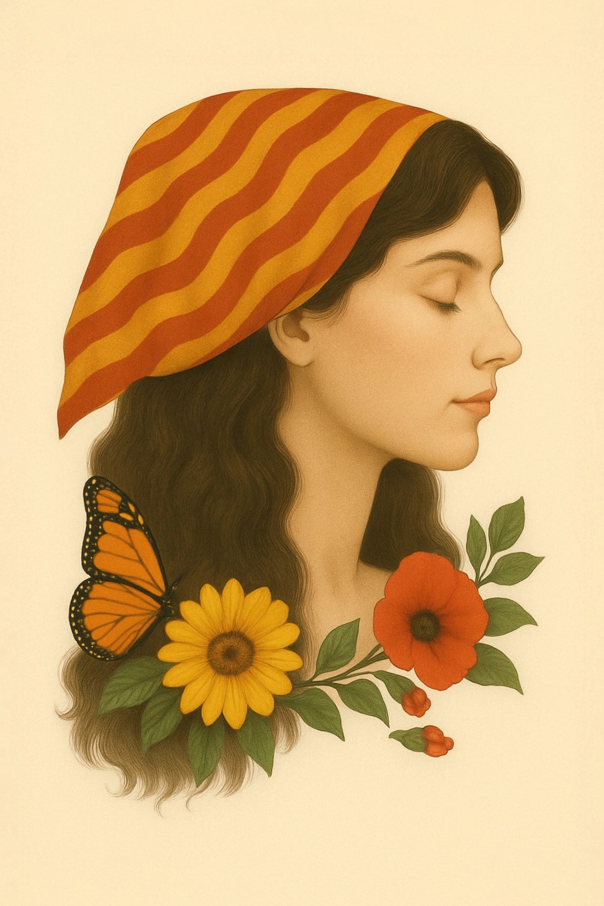 Il·lustració decorativa d'una dona amb un mocador amb els colors de la senyera catalana.
