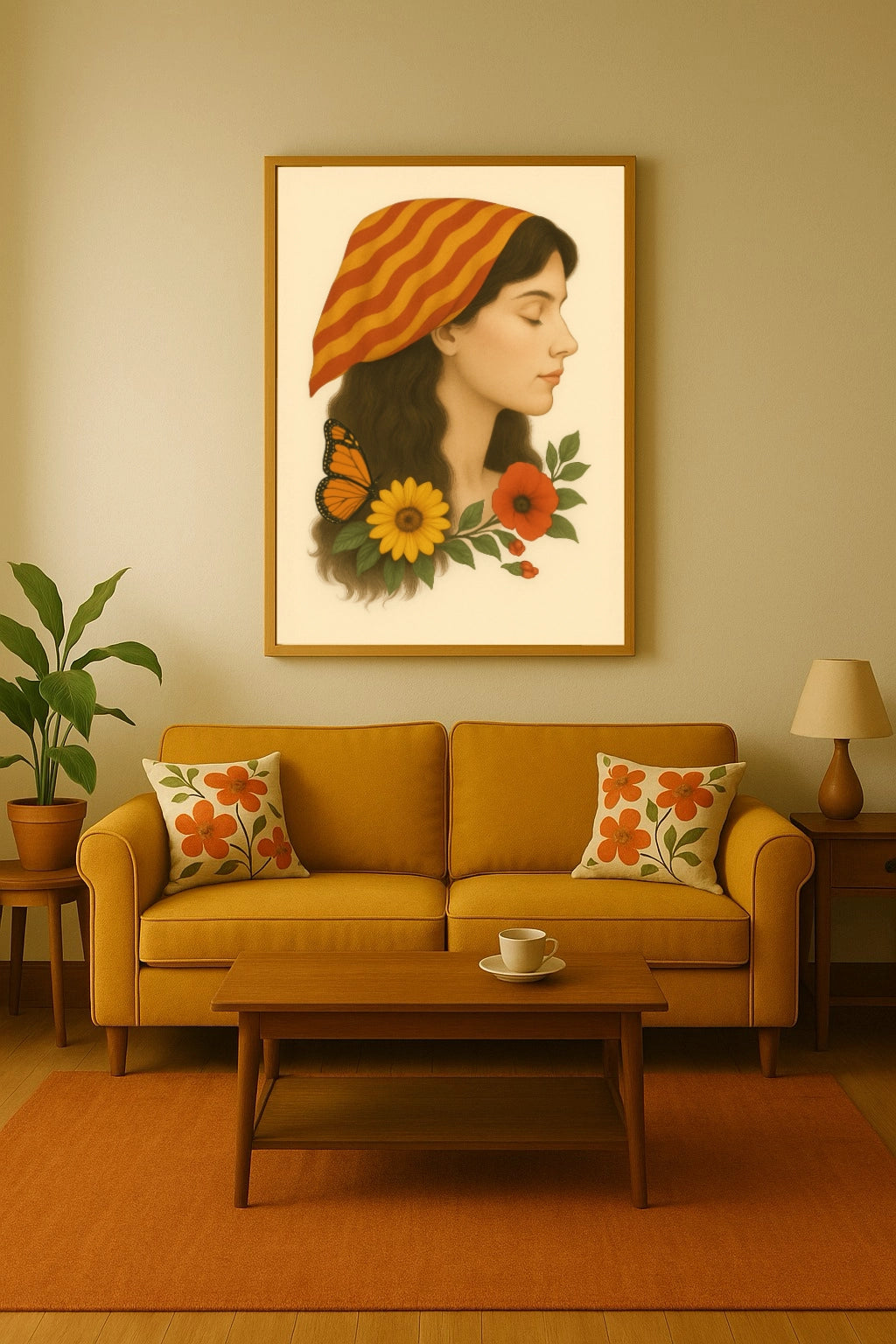 Saló d’estil mid-century modern amb un sofà mostassa, coixins amb flors taronges i un quadre penjat sobre el sofà que mostra el retrat d’una dona amb un mocador de la senyera al cap, envoltada de flors i una papallona, tot en una paleta càlida i harmoniosa.